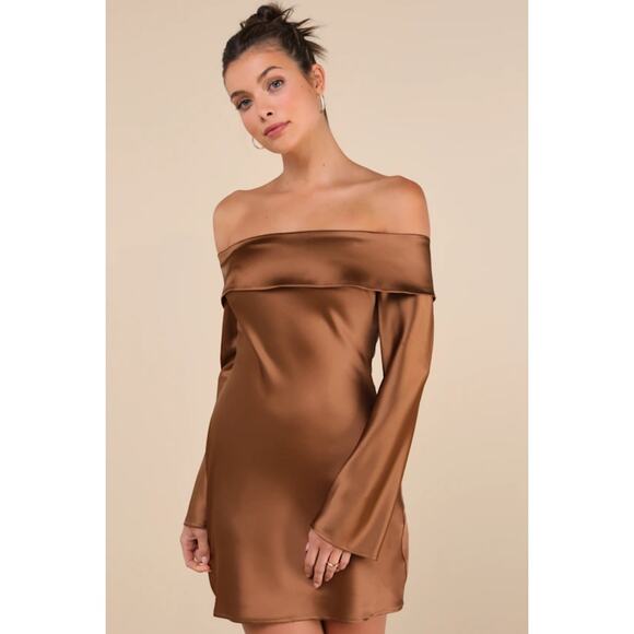 NWT Lulus Luxurious Vision Brown Satin Off-the-Shoulder Mini Dress Party Size L - Picture 1 of 10